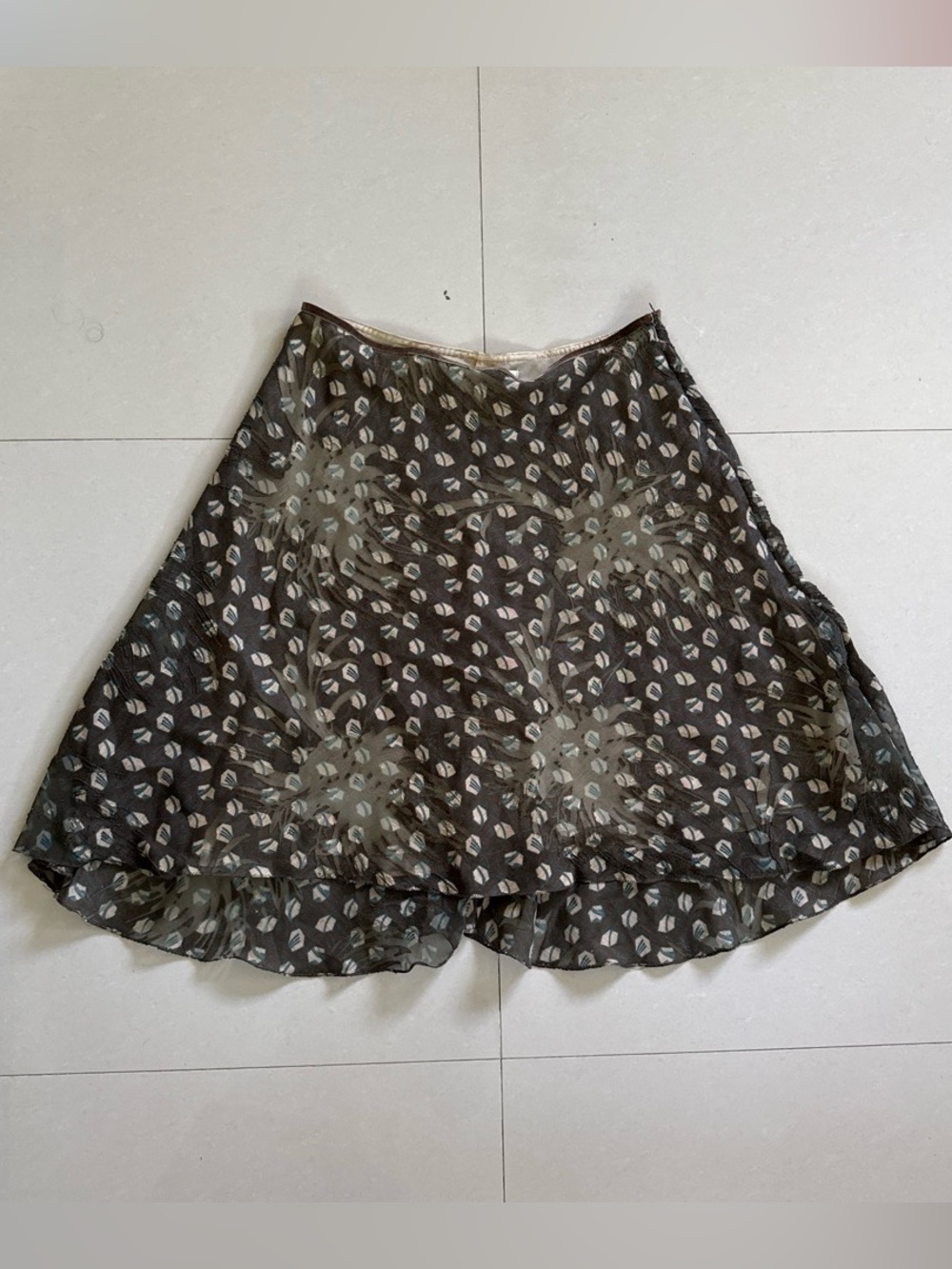 Studio M Brown Printed A-Line Skirt with Leaf Motif Linen Blend Midi